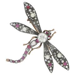1890s Victorian Rubies Diamonds Gold Dragonfly Brooch 2