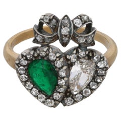 Edwardian Columbian Emerald and Diamond Gold Heart Ring