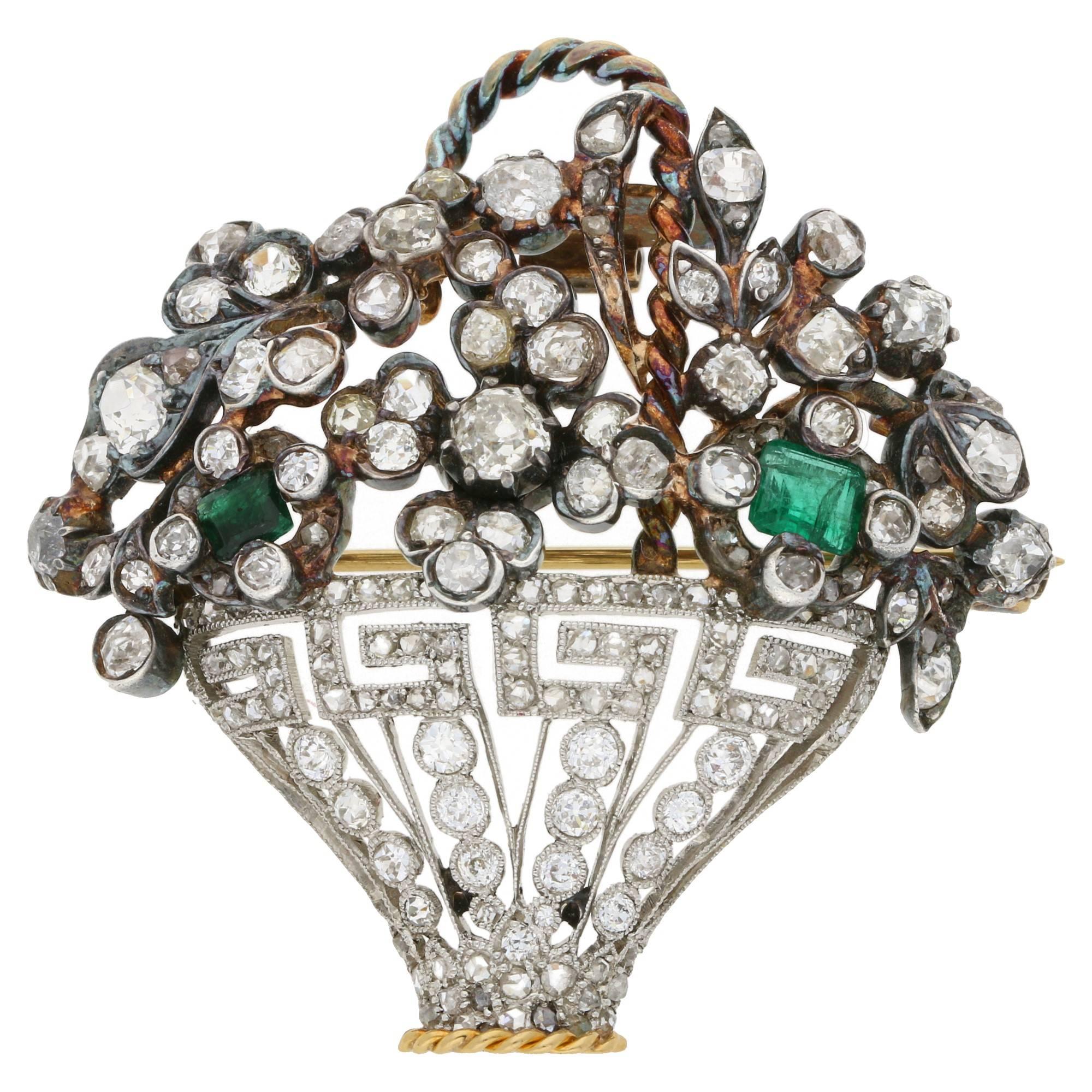 1900s Emerald Diamond Gold Platinum Basket Brooch