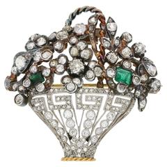1900s Emerald Diamond Gold Platinum Basket Brooch 1900s Emerald Diamond Gold Platinum Basket Brooch