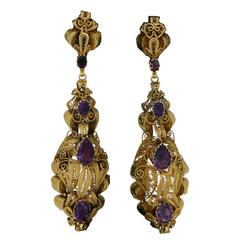 Antique Georgian Amethyst Cannetille Gold Drop Earrings