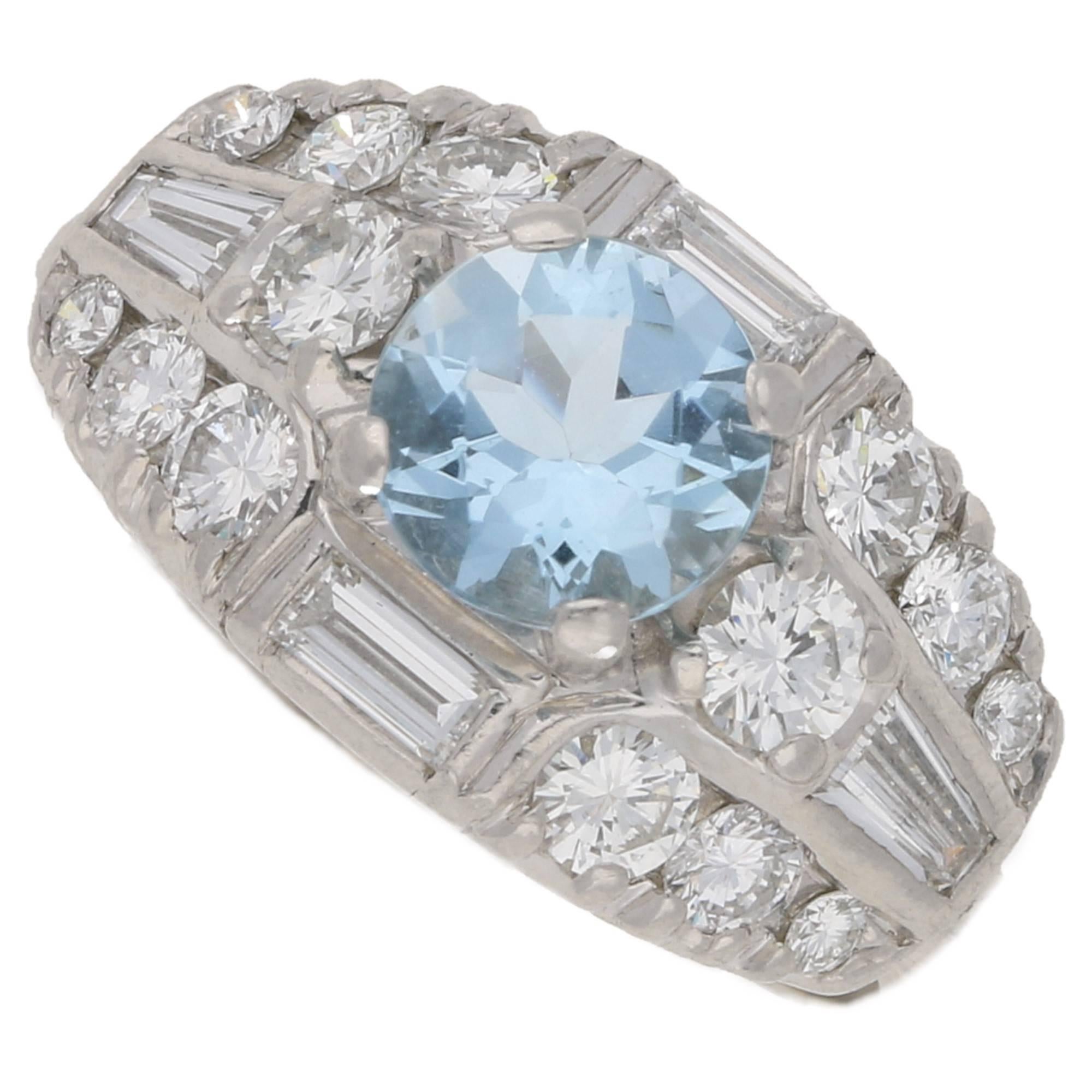 Art Deco Aquamarine and Diamond Bombe Cocktail Ring in Platinum