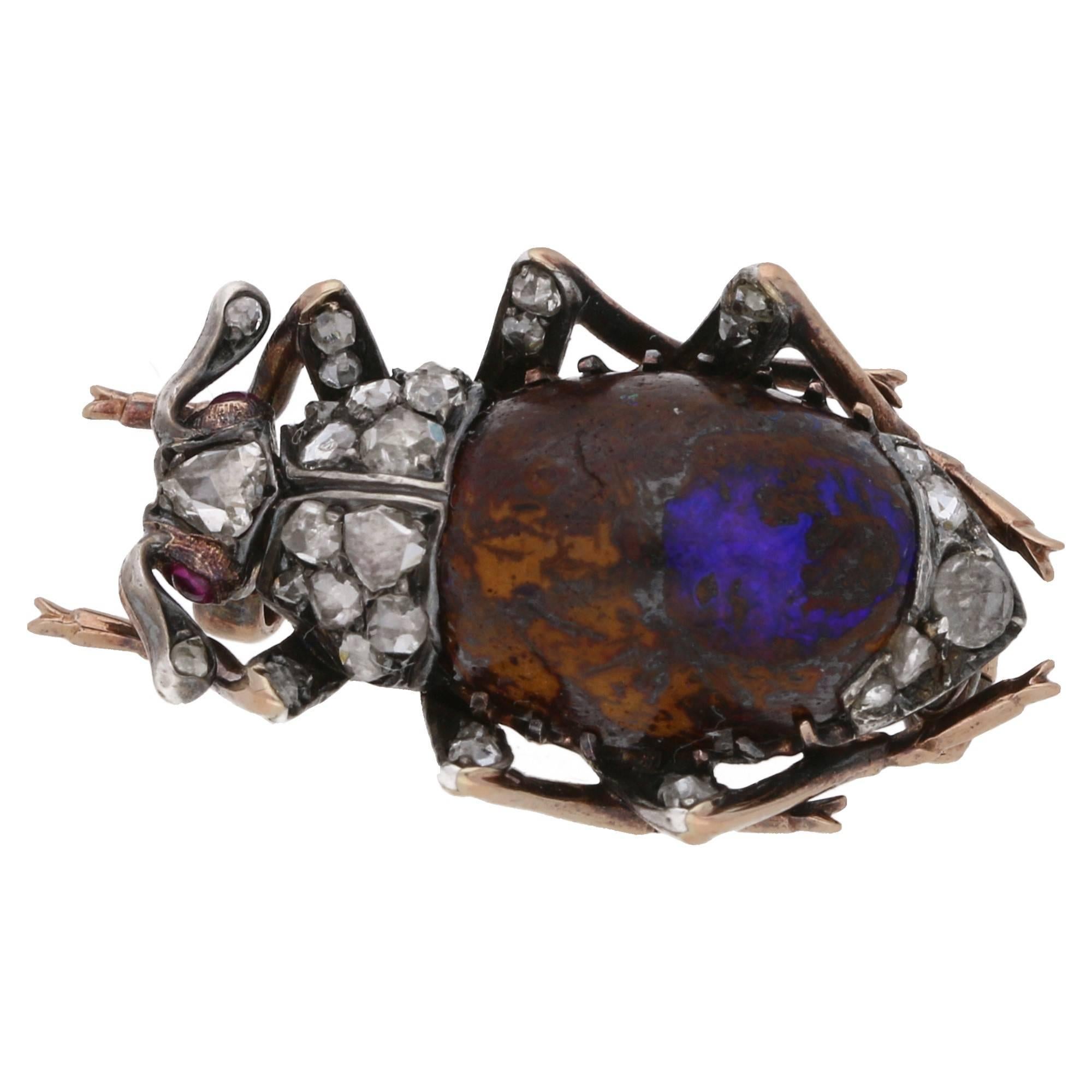 Victorian Opal Diamond Insect Brooch in Gold