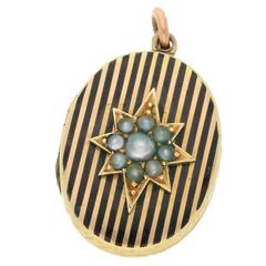 Victorian Gold Seed Pearl and Black Enamel Mourning Locket