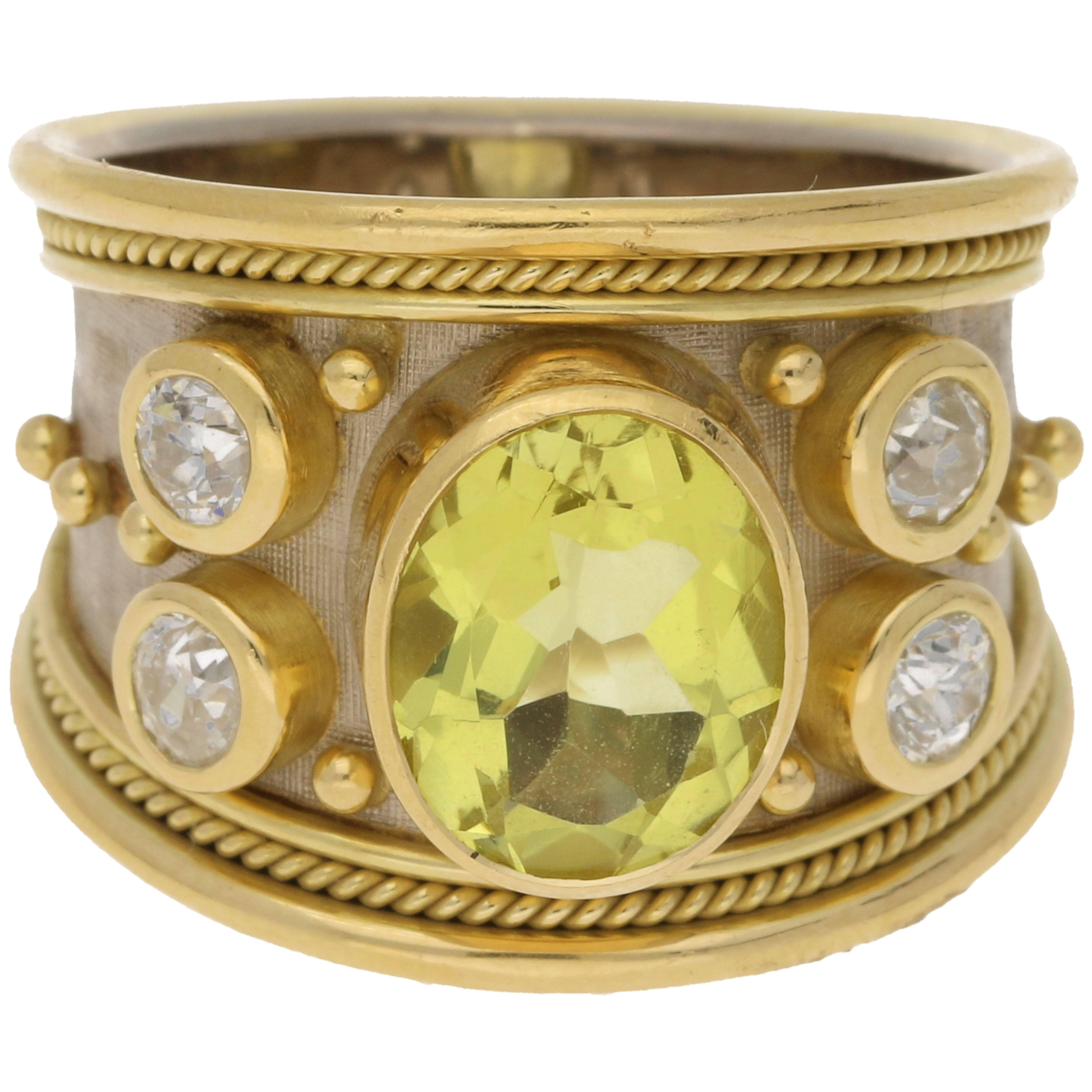 Elizabeth Gage 18 Karat Etruscan Ring with Lemon Quartz