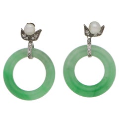 1930s Jade Diamond Hoop Drop Earrings