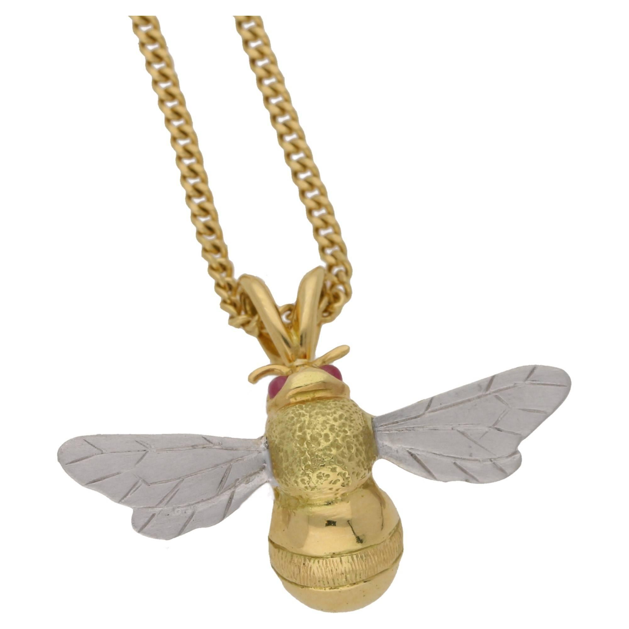 Gold Bee Pendant with Ruby Eyes on Chain