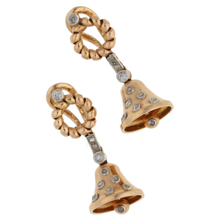Gold Diamond Bell Clip On Earrings For Sale at 1stdibs