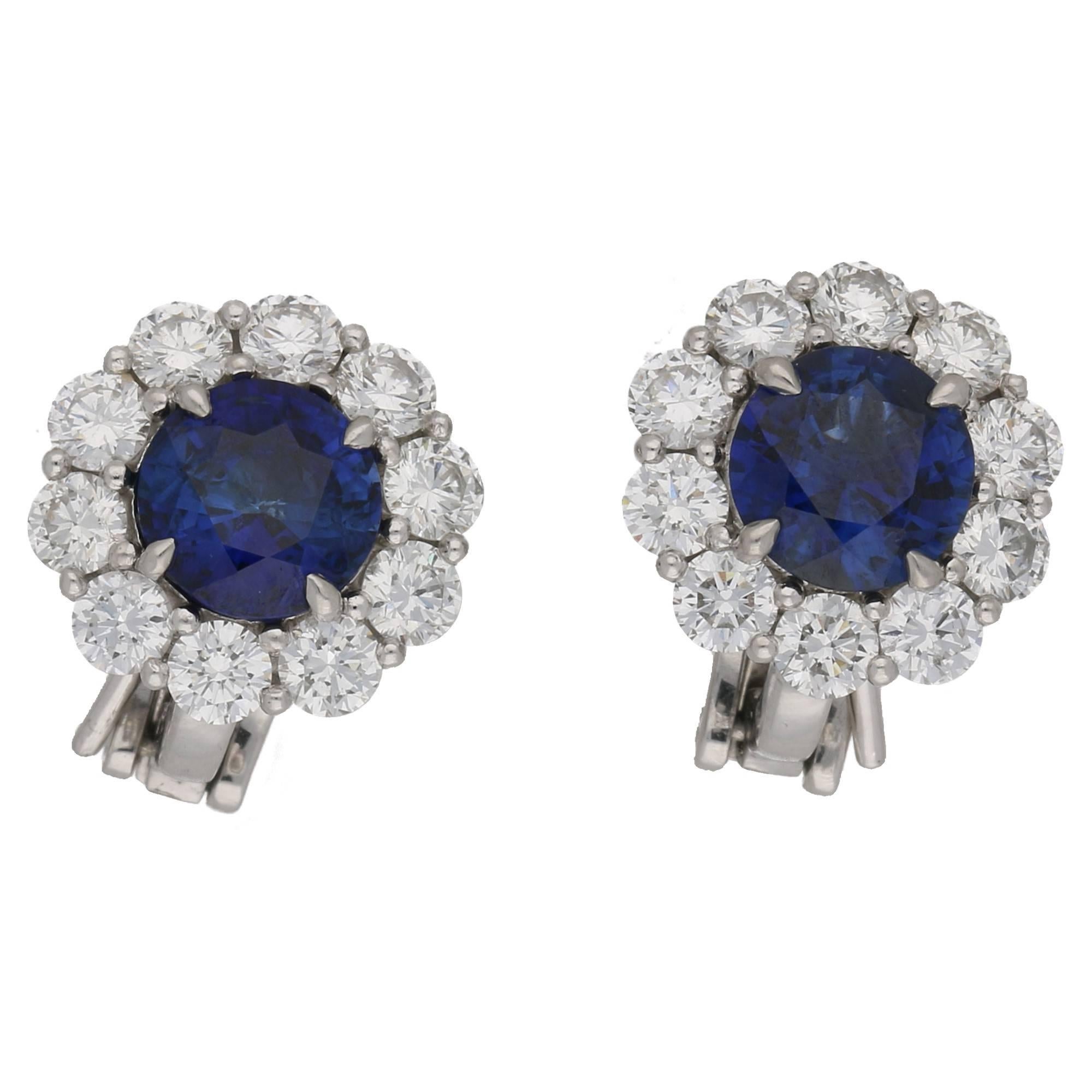 Sapphire & Diamond Cluster Stud Clip On Earrings in Platinum
