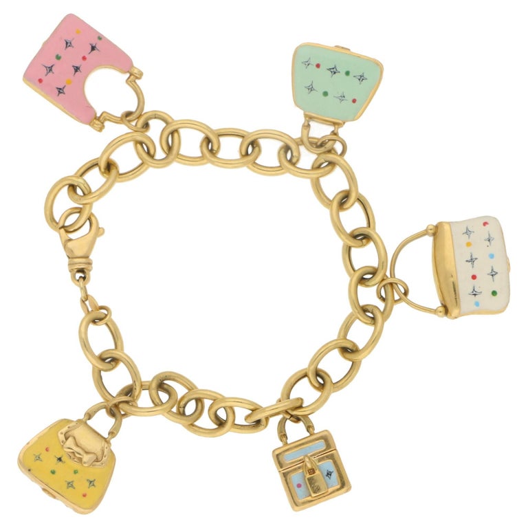 Vintage 18 Karat Gold Enamel Charm Bag Bracelet at 1stDibs