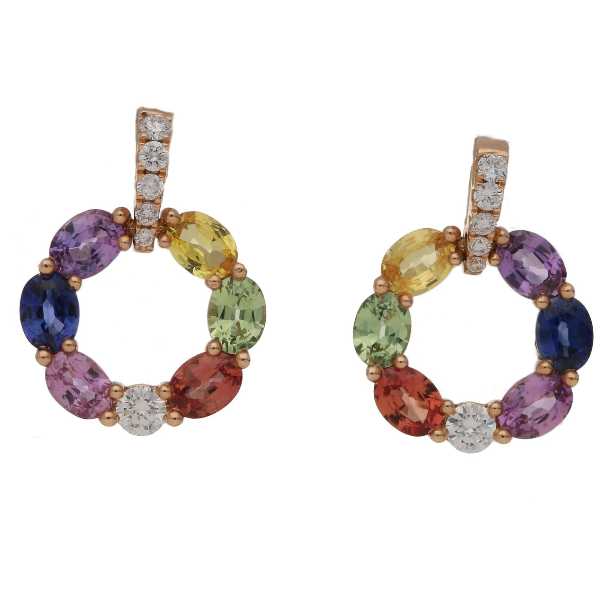 Rainbow Sapphire Diamond Drop Earrings