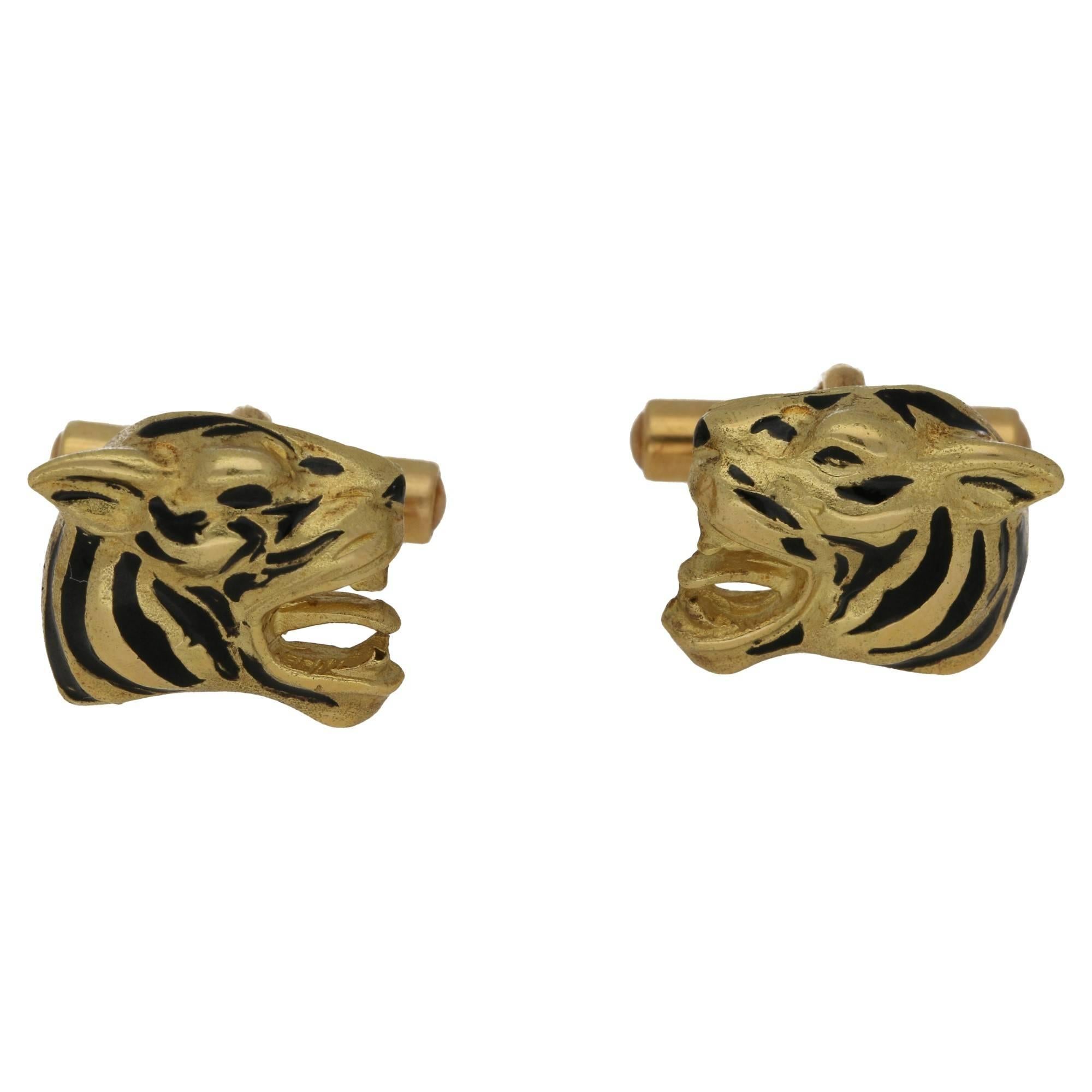 18 Carat Gold Enamel Tiger Head Cufflinks