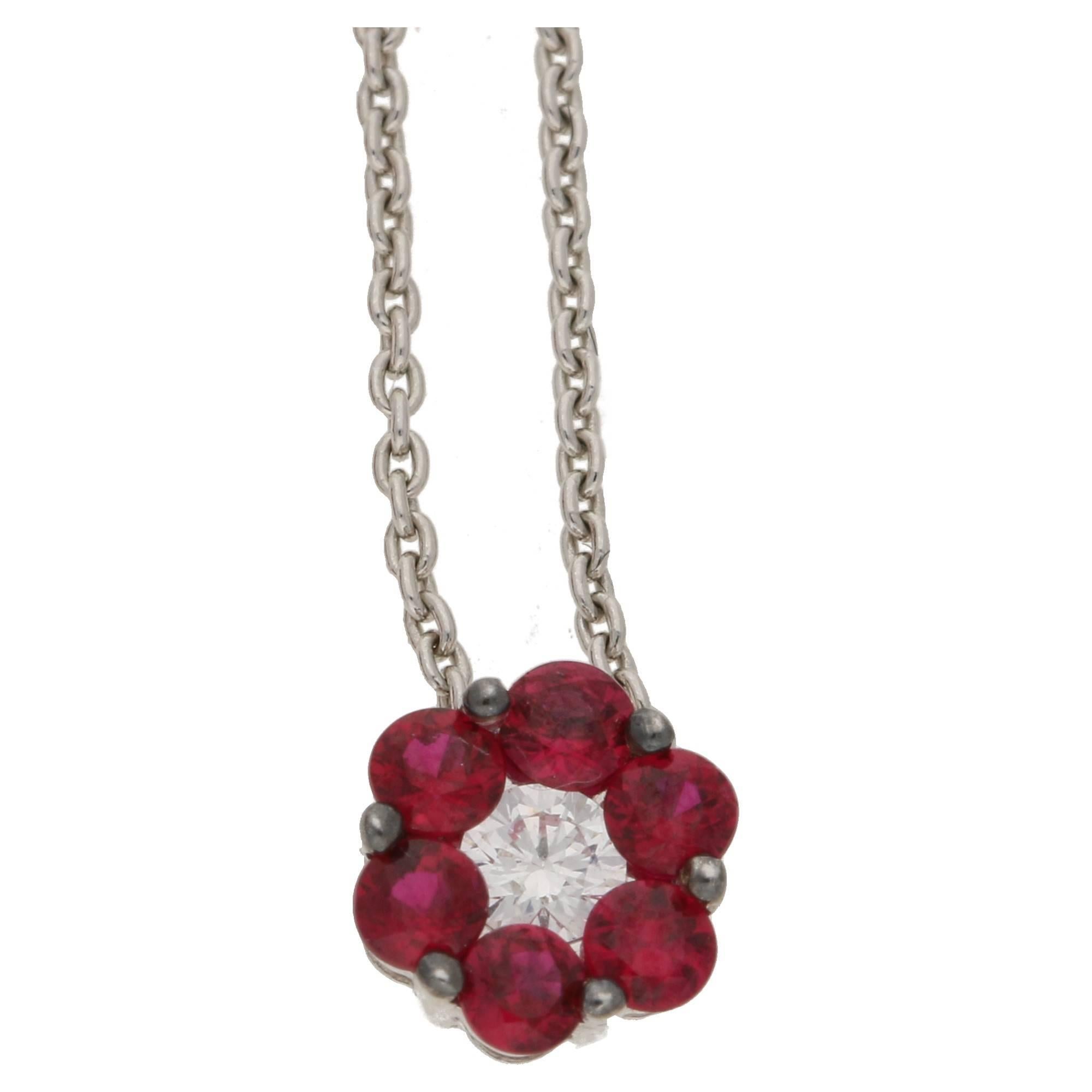 Ruby Diamond Floral Cluster Pendant on Chain