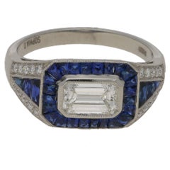 Art Deco Style Platinum Sapphire and Diamond Ring