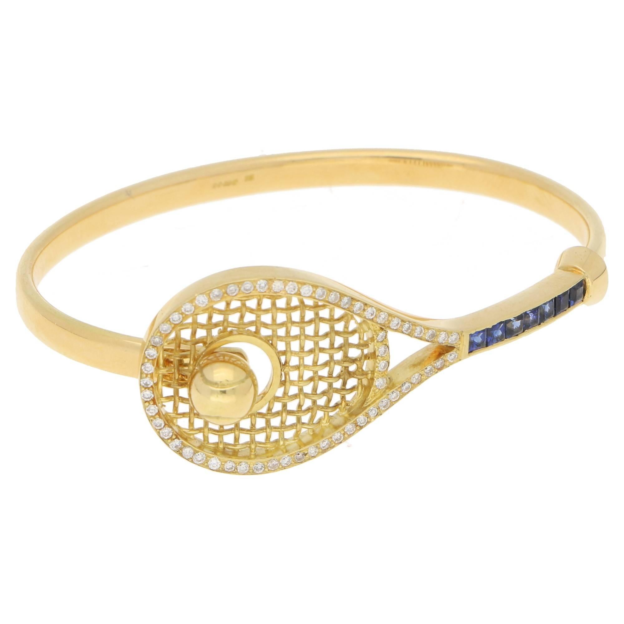 Novelty Gold Sapphire Diamond Gold Tennis Racket Bangle