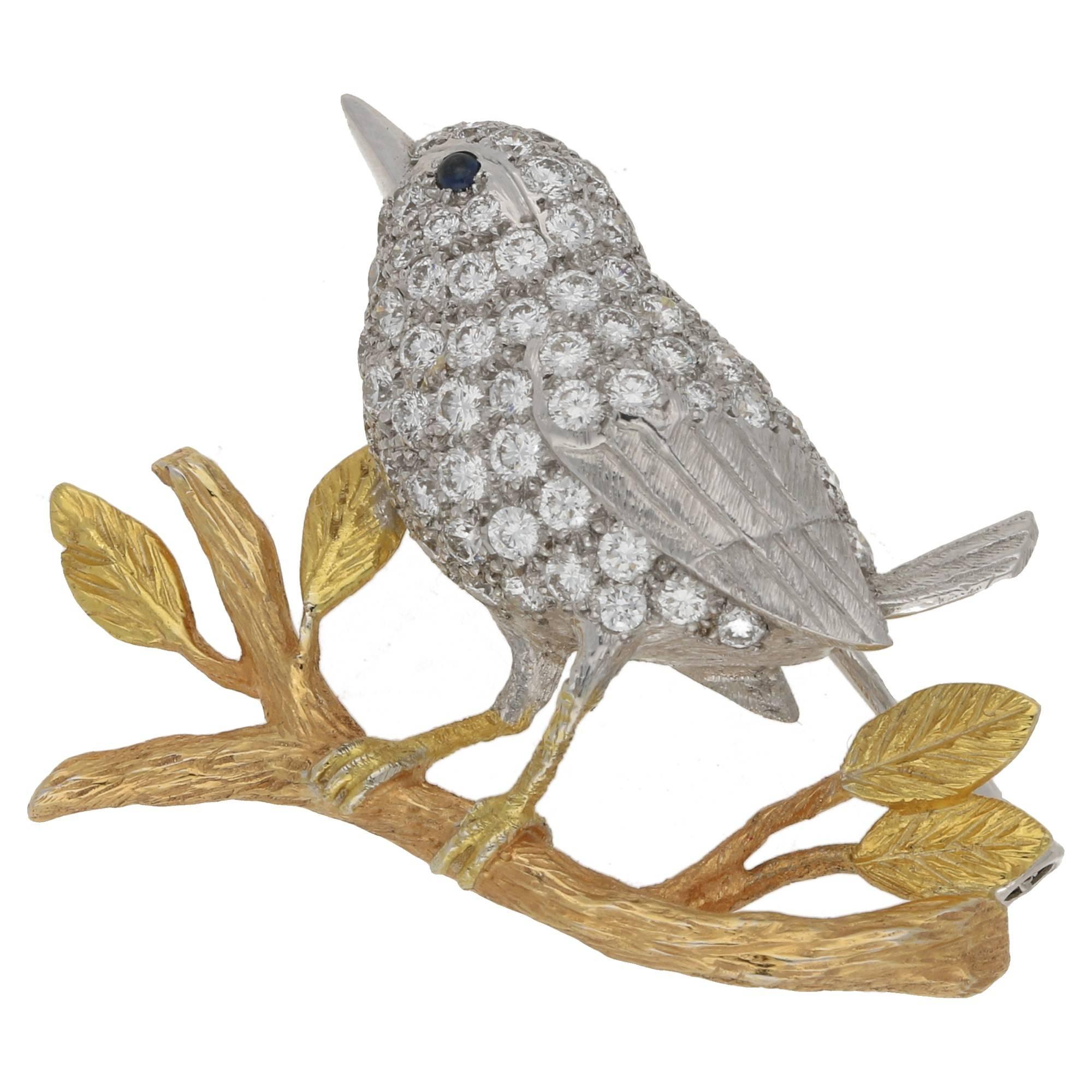 Diamond Wren Bird Brooch in 18 Carat Gold