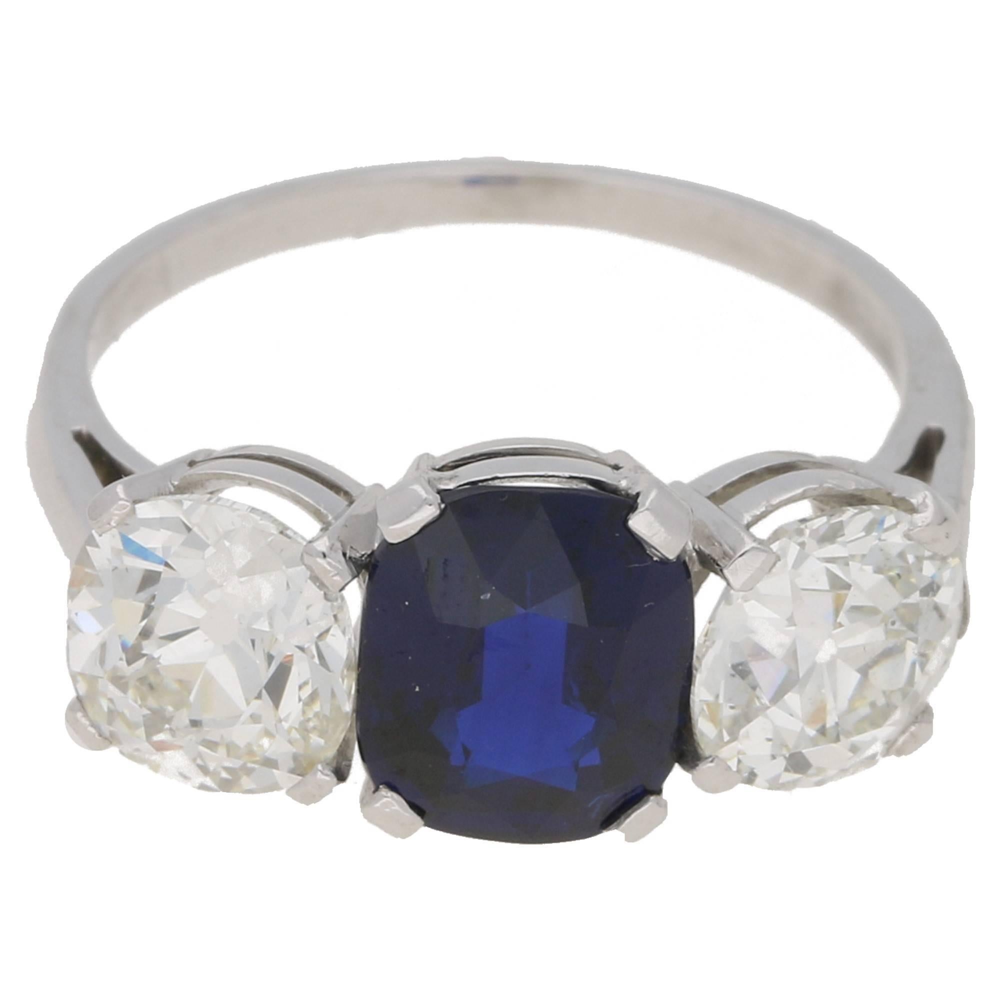 Sapphire Diamond Platinum Three-Stone Ring