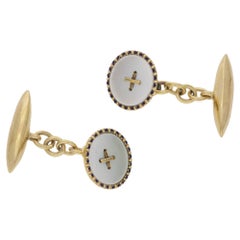 9 Karat Gold Enamel Mother-of-Pearl Button Cufflinks