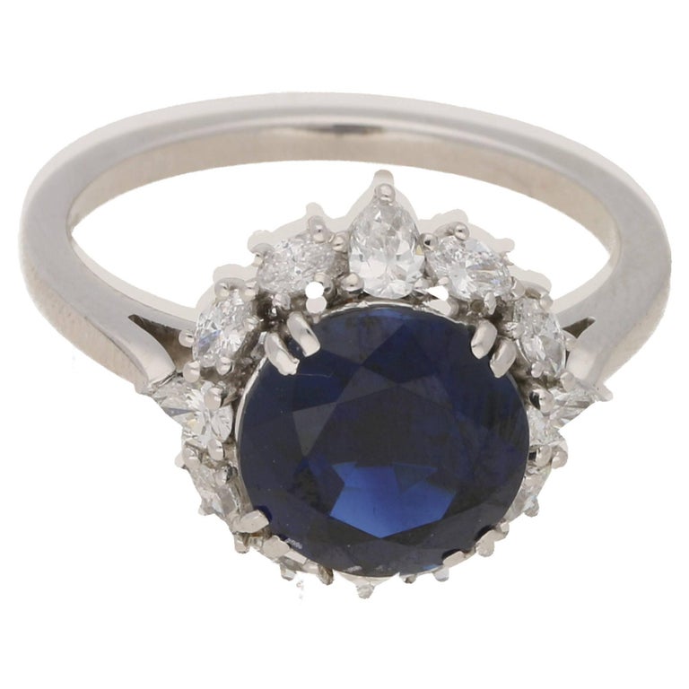 Blue Sapphire Diamond and Platinum Cluster Ring For Sale at 1stdibs