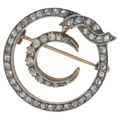 1870s Victorian Diamond Crescent Moon Brooch