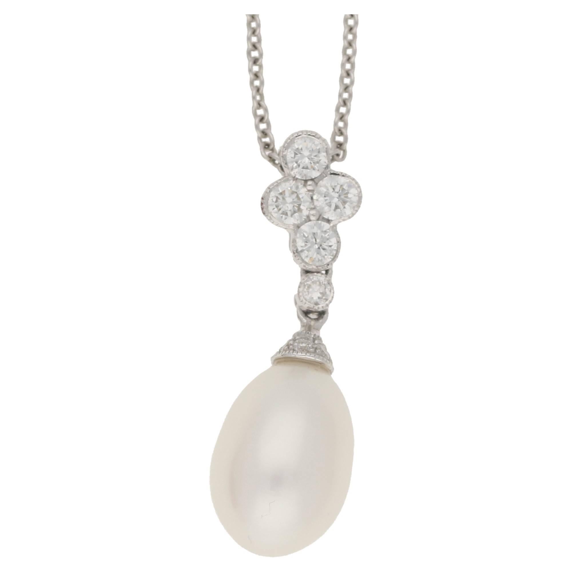Pearl, Diamond & Gold Drop Pendant on Chain