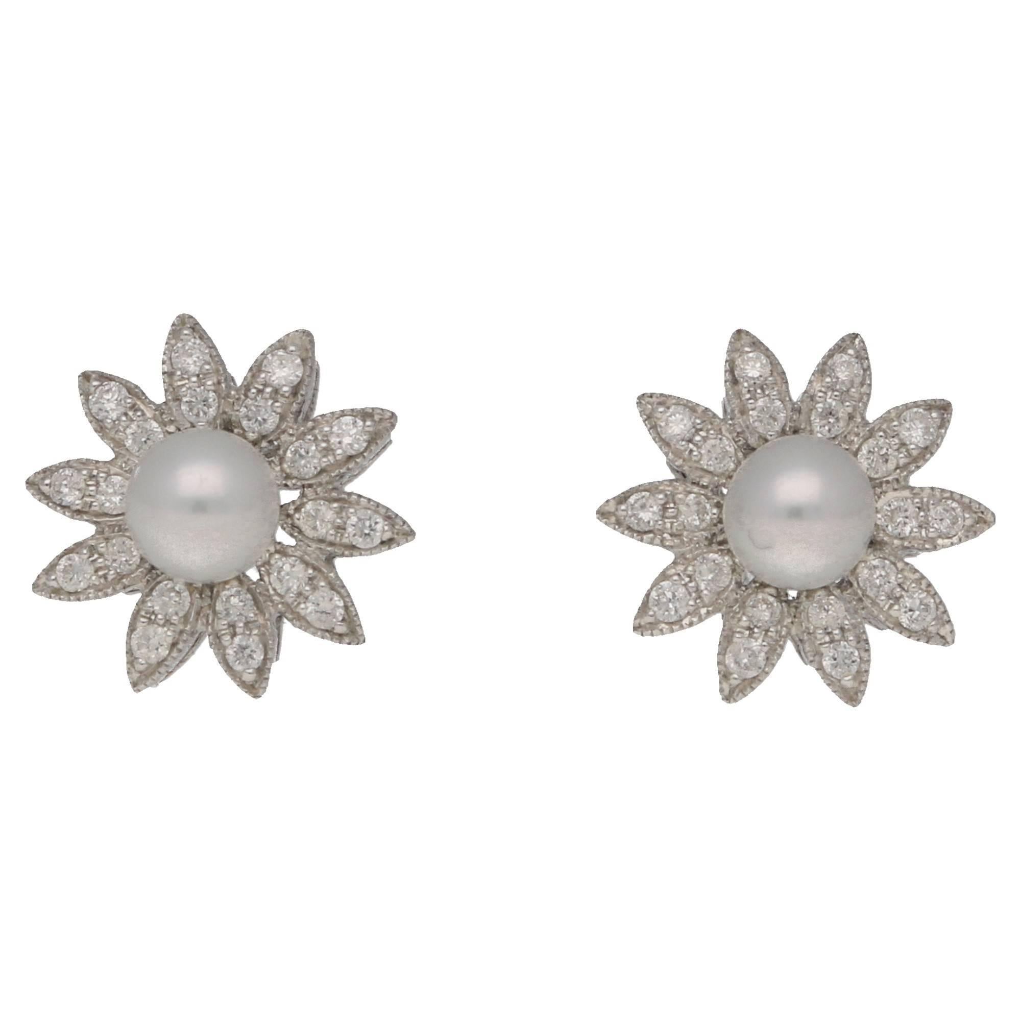Pearl Diamond Floral Gold Stud Earrings