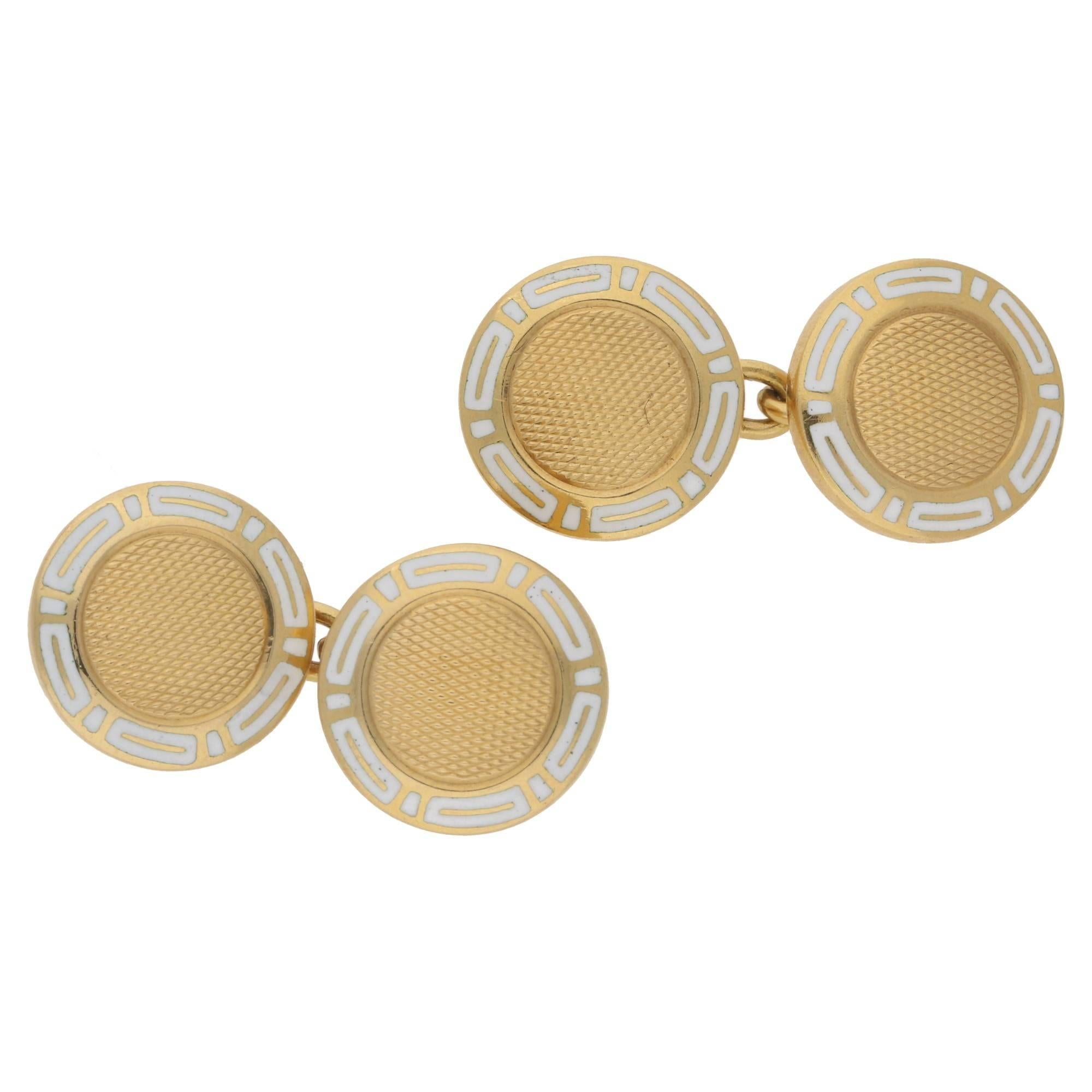 Bvlgari White Enamel Round Chain Cufflinks in 18k Yellow Gold  For Sale