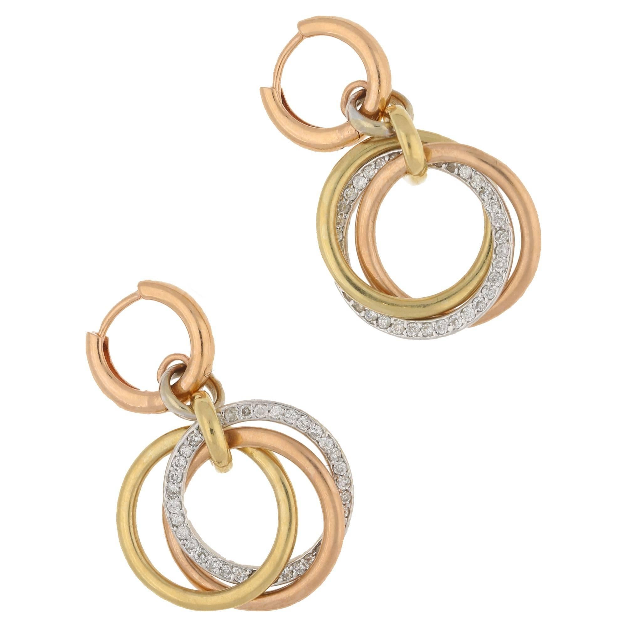 14 Karat Tri Gold Diamond Drop Earrings