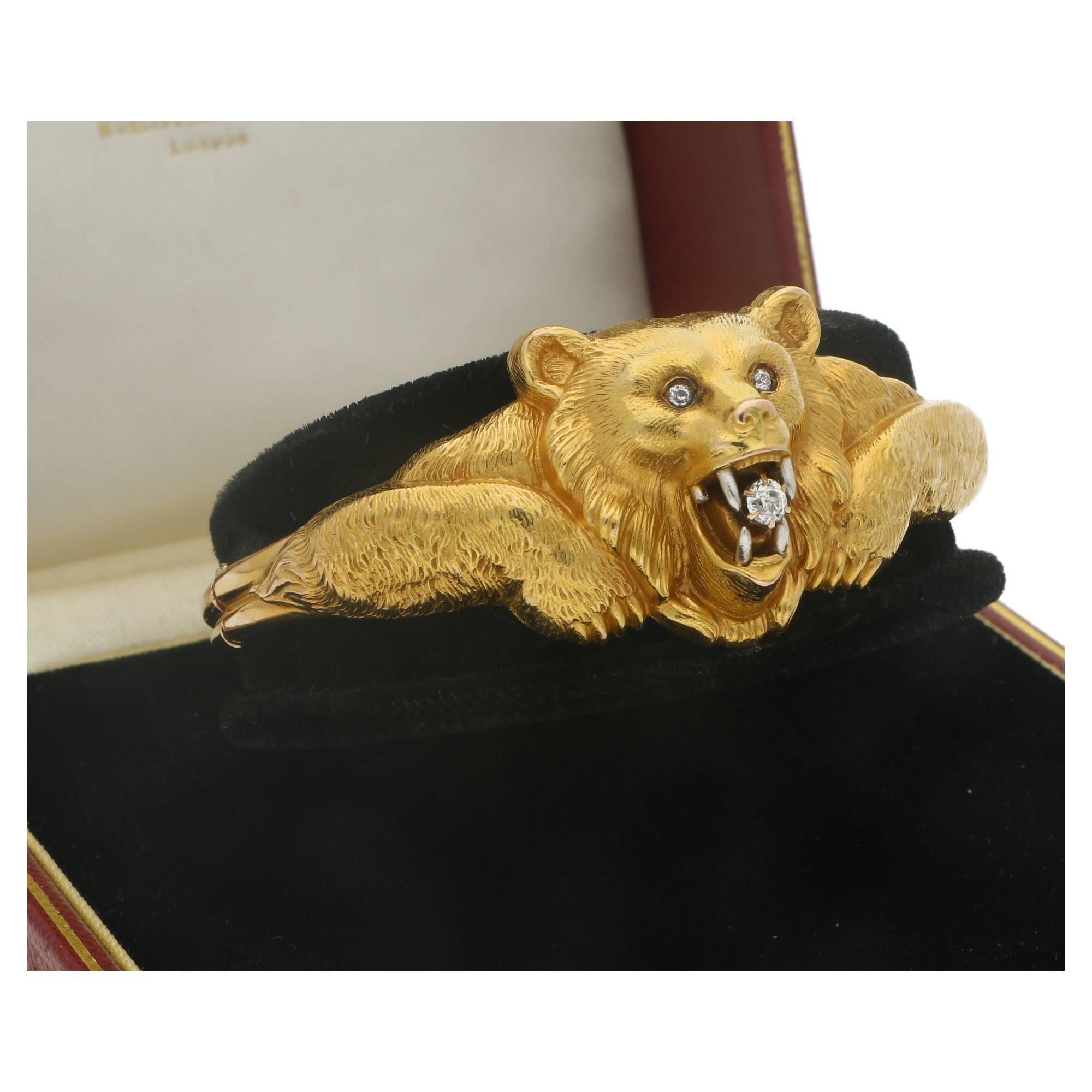Art Nouveau 1900s Diamond Gold Hinged Bear Bangle