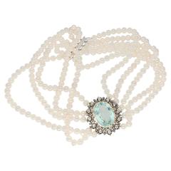 Victorian 1860s Aquamarine, Diamond and Pearl Necklace