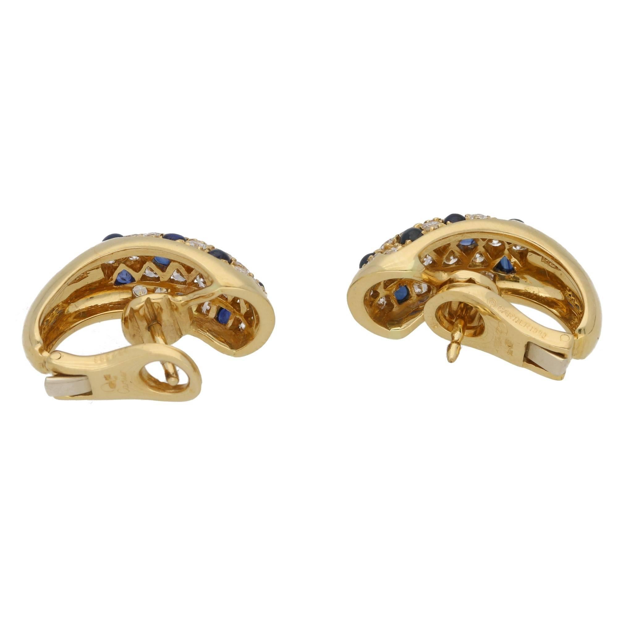 1980s Cartier Sapphire and Diamond Gold Earrings In Excellent Condition In London, GB