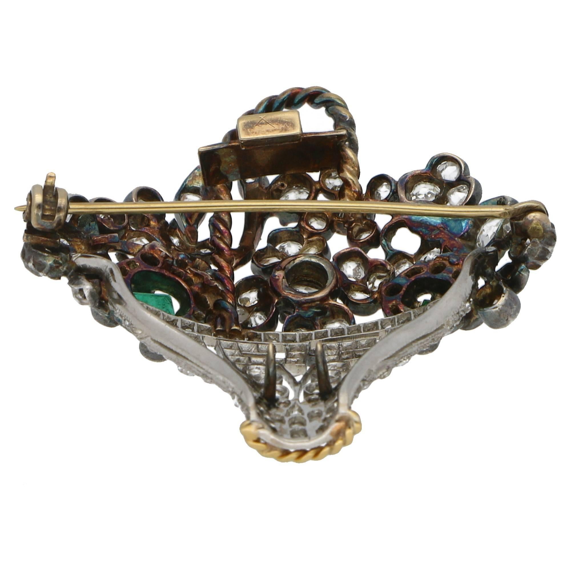 1900s Emerald Diamond Gold Platinum Basket Brooch In Good Condition In London, GB