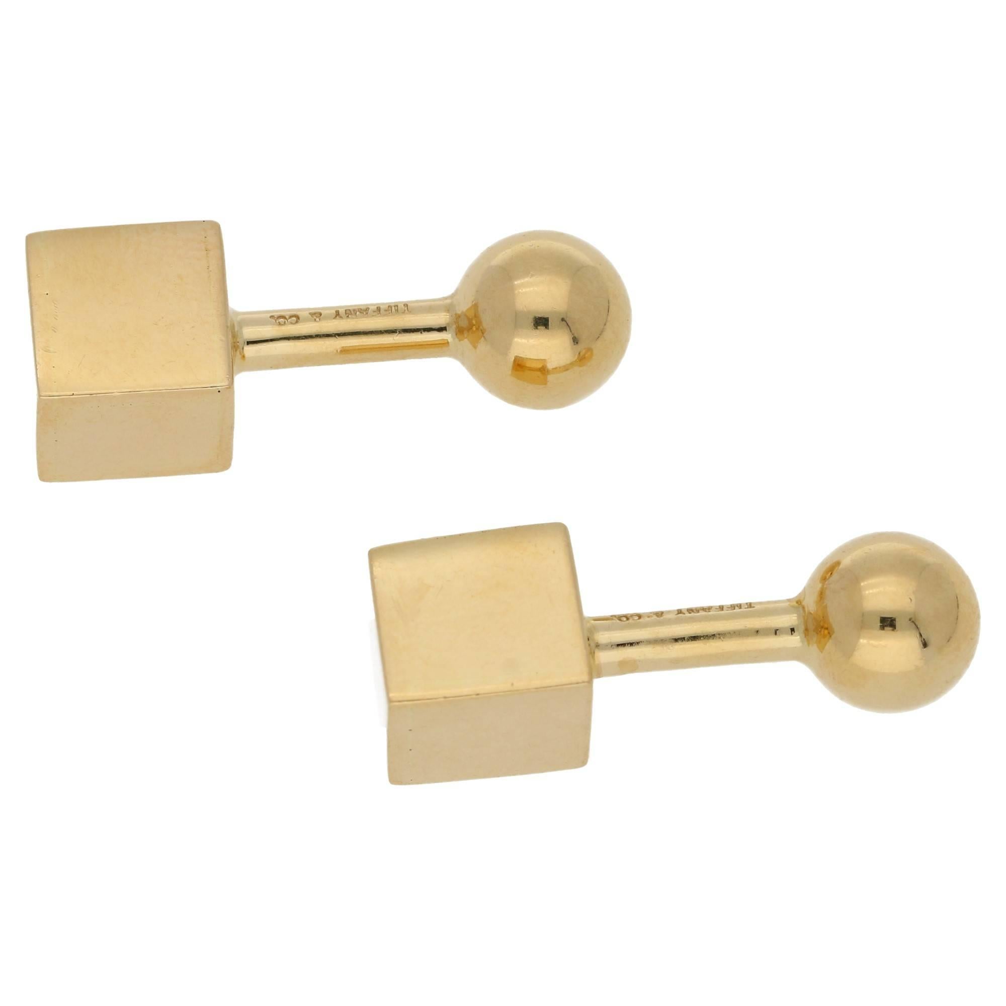 A very unusual pair of late 1960's Tiffany and Co. cube and ball cufflinks made from 14k yellow gold. Fully hallmarked, Tiffany and Co. 585.