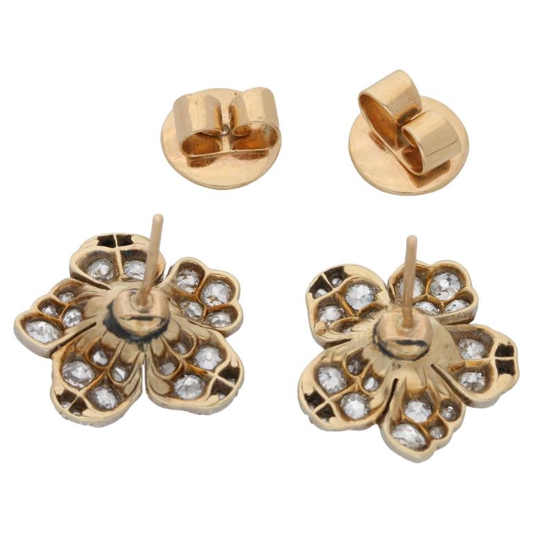 Victorian Diamond Set Floral Stud Earrings in Gold For Sale at 1stdibs