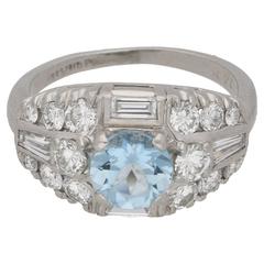 Art Deco Aquamarine and Diamond Bombe Cocktail Ring in Platinum