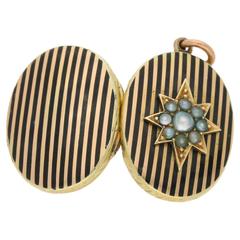 Victorian Gold Seed Pearl and Black Enamel Mourning Locket