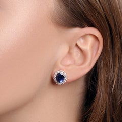 Contemporary 5.10ct Oval Sapphire and Diamond Scallop Edge Cluster Earrings