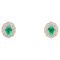 Contemporary Oval Emerald and Diamond Cluster Stud Earrings