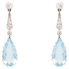 Vintage Pear Shaped Aquamarine and Diamond Drop Earrings