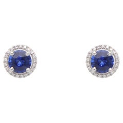 Contemporary 1.98ct Sapphire and Diamond Halo Cluster Earrings