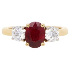 Contemporary 1.49ct Certified Oval Burmese Ruby and Diamond Three Stone Ring