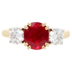 Contemporary 2.08ct Certified Oval Burmese Ruby and Diamond Three Stone Ring