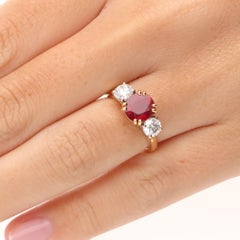Contemporary 2.08ct Certified Oval Burmese Ruby and Diamond Three Stone Ring