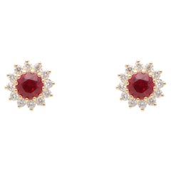Contemporary 0.86ct Burmese Ruby and Diamond Cluster Earrings