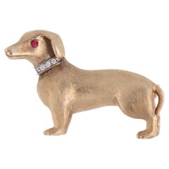 Contemporary Diamond and Ruby Dachshund Dog Brooch