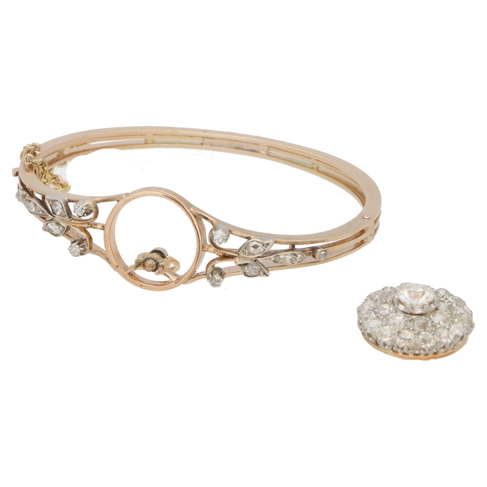 Victorian Diamond Cluster Convertible Pendant and Bangle 4.50ct  In Good Condition In London, GB