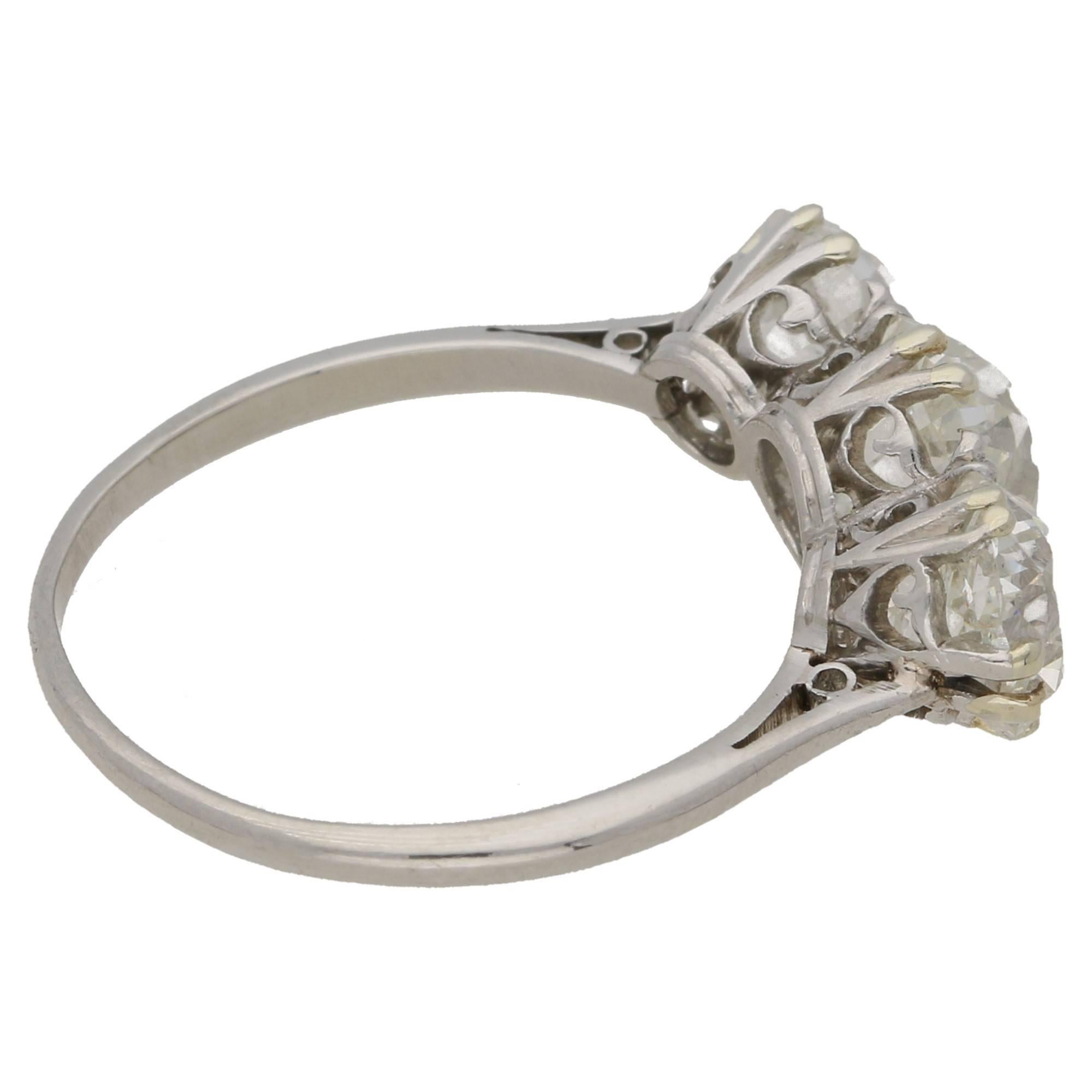 Old European Cut Antique Edwardian Three-Stone Diamond Platinum  Ring