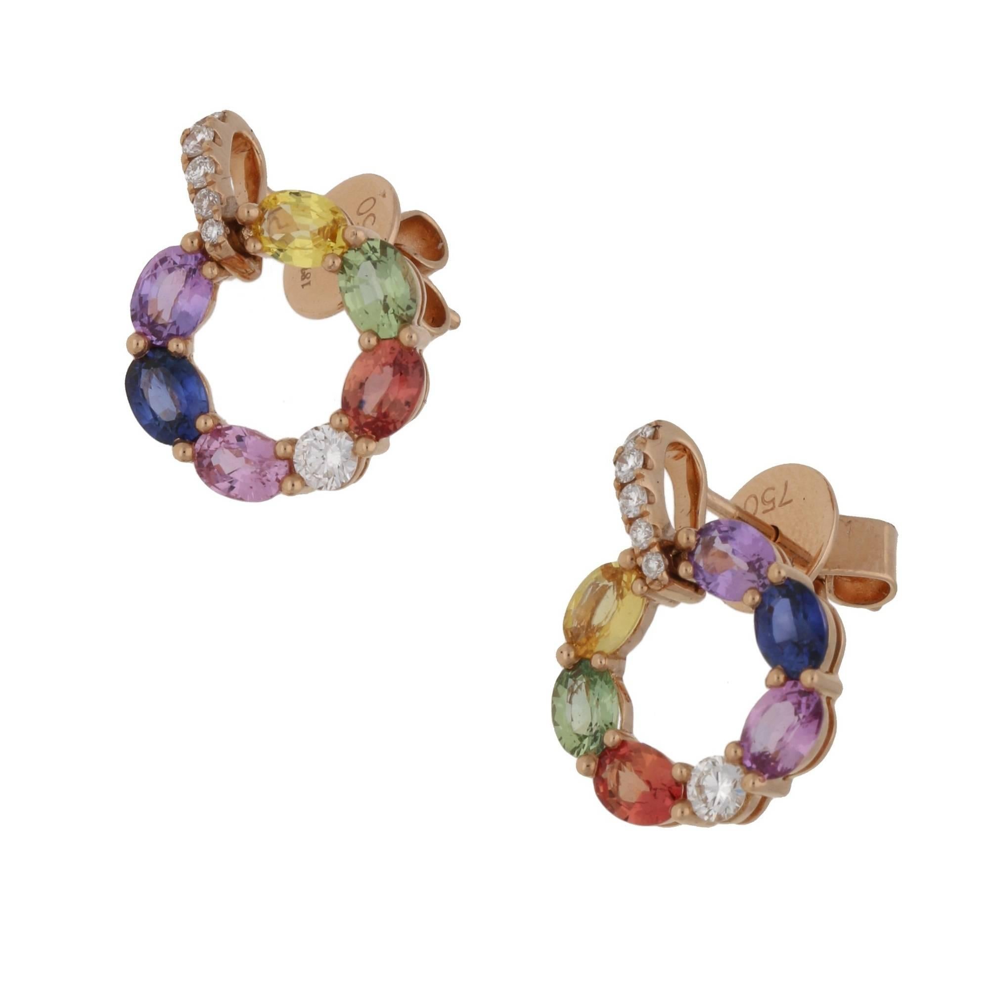 These earrings are gorgeous. Detailed with 2.48cts  of varying colours of sapphire, and round brilliant diamonds totaling 0.25cts, G/H colour and VS clarity. On a post and butterfly fitting, in 18ct rose gold. Fully hallmarked, this includes the