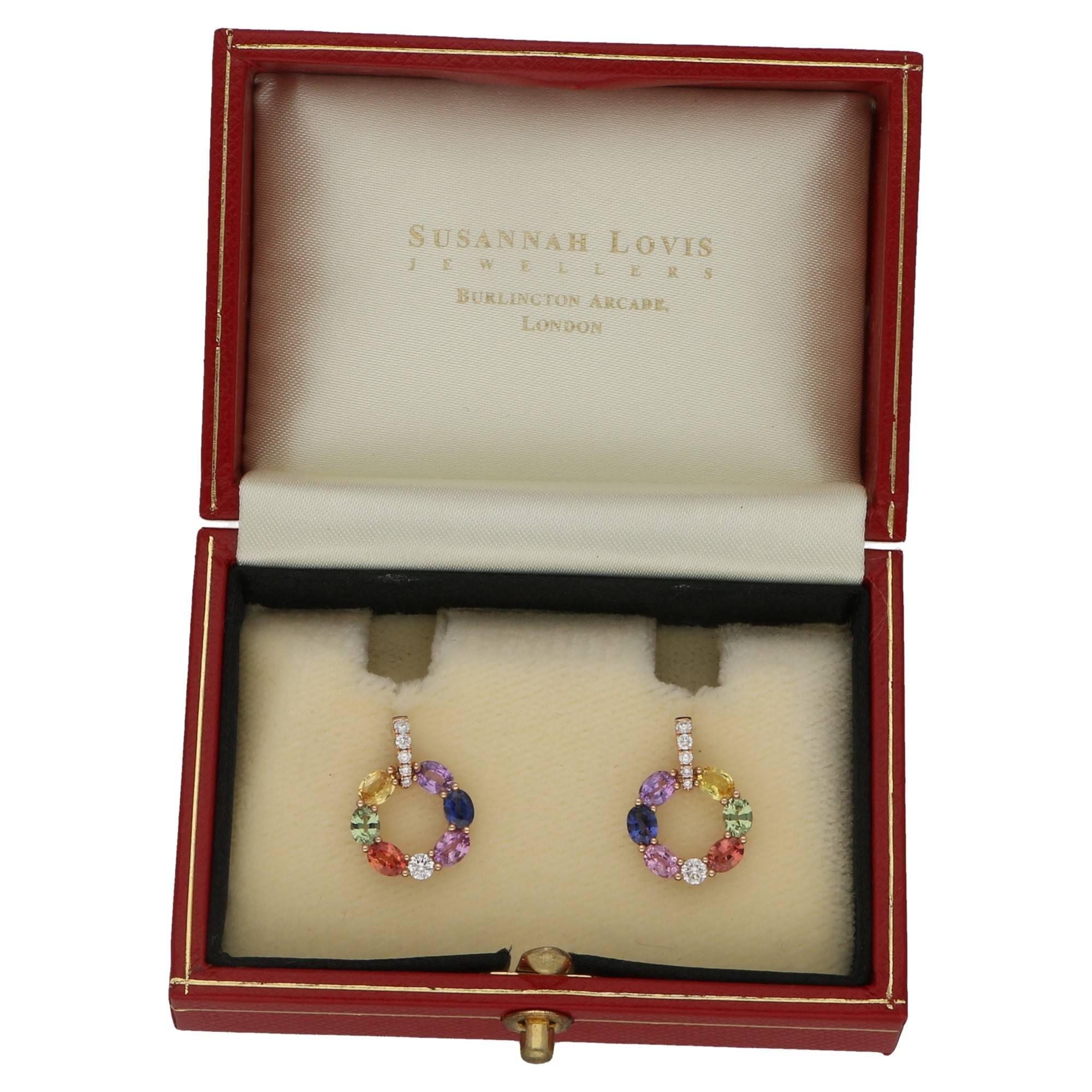 Women's or Men's Rainbow Sapphire Diamond Drop Earrings