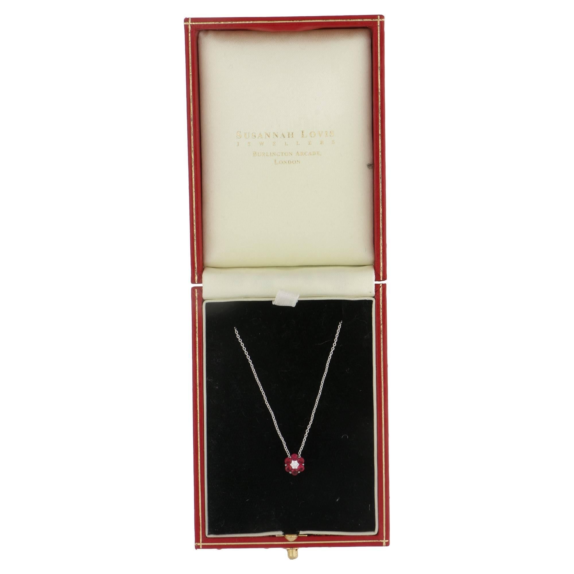 Ruby Diamond Floral Cluster Pendant on Chain In New Condition In London, GB
